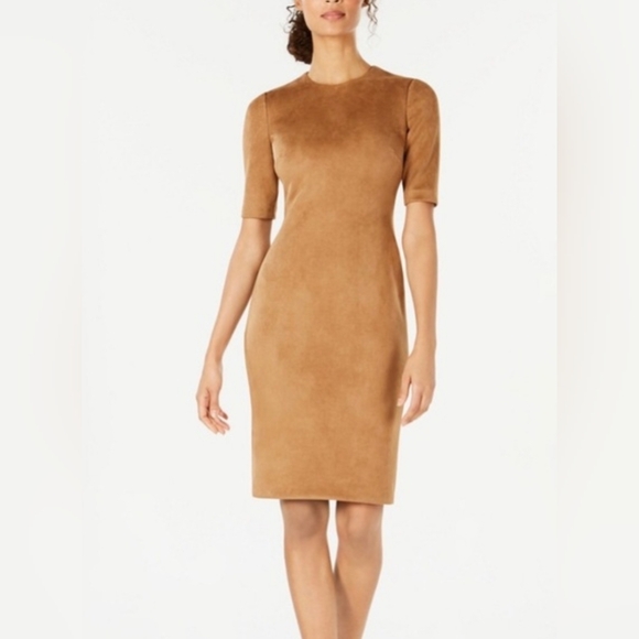 Anne Klein Dresses & Skirts - Anne Klein Tan Faux Suede 3/4 Sleeve Midi Dress Size 6 Like New